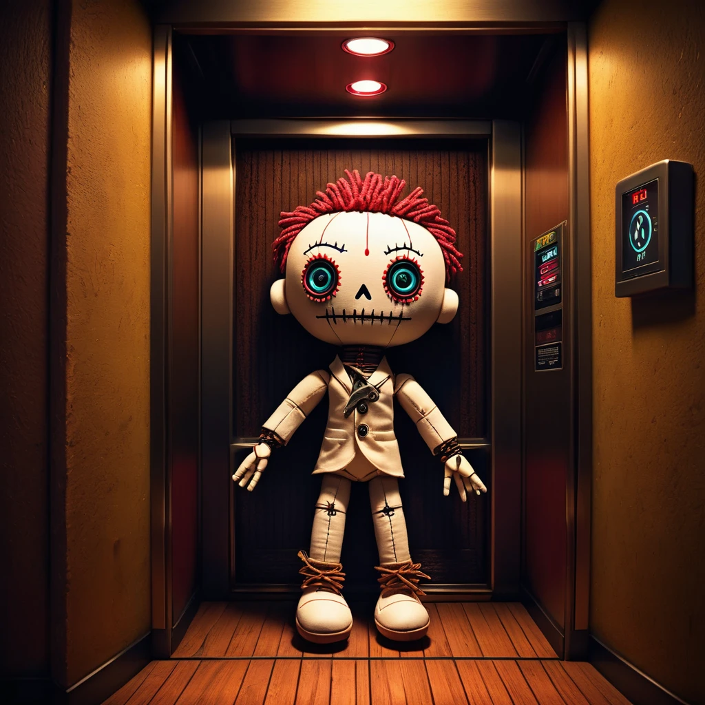 (knitted toy voodoo doll:1.9), (Voodoo Hannibal Lecter:1.3), (Clothing: straight jacket with glowing intellect symbols:1.0), (Accessories: enchanted fork emitting sparks of gourmet magic, levitating spectral masks:1.1), (background: eerie asylum with floating doors, glowing cells, and spectral meals:1.2), best quality, masterpiece, detailed soft oil painting, detailed background, dramatic cinematic lighting, soft edge lighting, professional, dramatic lighting, hard edge lighting, ultra quality, 4k,masterpiece, best quality, 8k, ultra highres, highres, extremely detailed