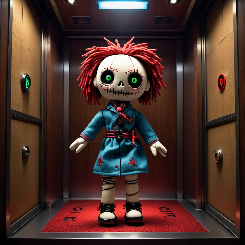 (knitted toy voodoo doll:1.5), (voodoo in the elevator:1.3), (Clothing: casual outfit:1.0), (Accessories: enchanted elevator buttons that emit sparks of lift magic, levitating spectral floor indicators:1.1), (background: mystical elevator with glowing floor numbers:1.2), best quality, masterpiece, detailed soft oil painting, detailed background, dramatic cinematic lighting, soft edge lighting, professional, dramatic lighting, hard edge lighting, ultra quality, 4k,masterpiece, best quality, 8k, ultra highres, highres, extremely detailed