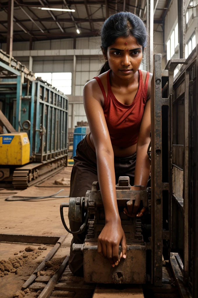 A middle class beautiful Indian woman on the factory floor, her face covered in sweat, but her eyes shining with determination as she operates heavy machinery.