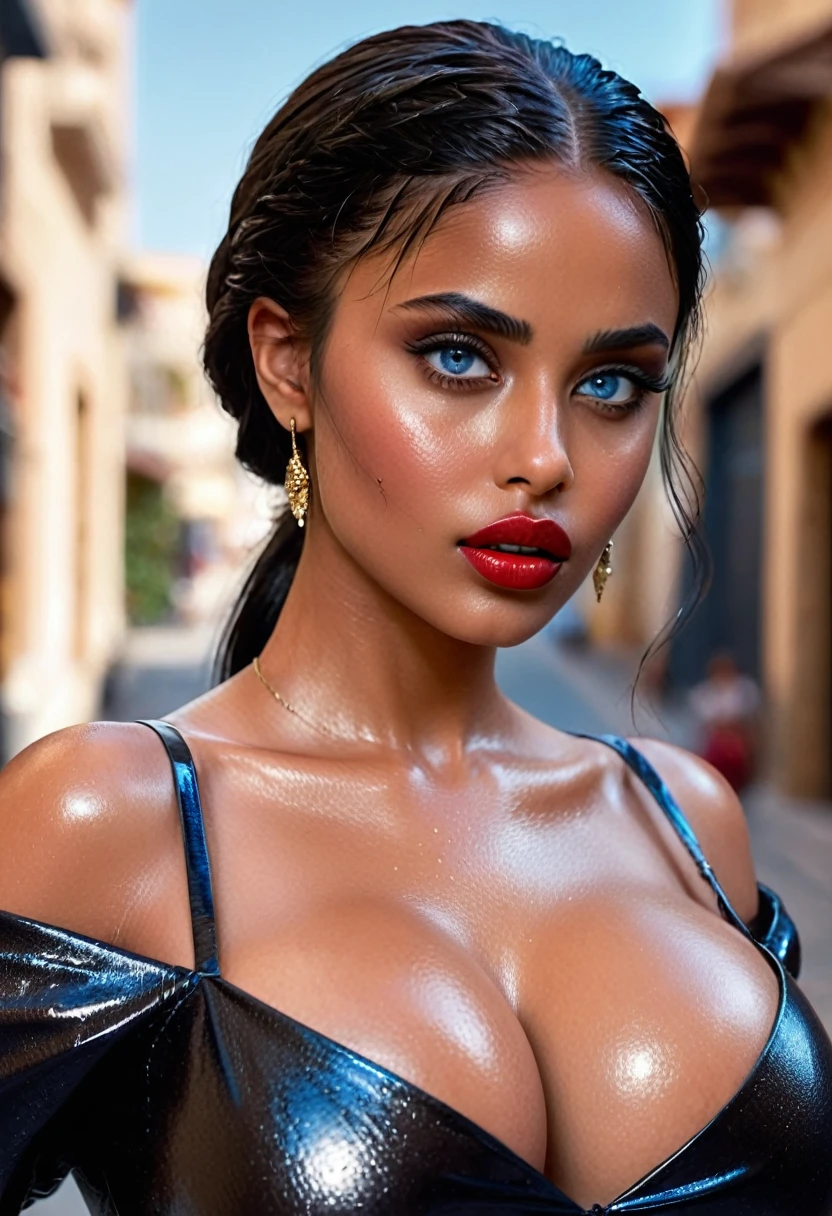 (muste piece, highest quality)((8k)),full body,super detailed,arab girl,wide eyebrow,black skin(eleganse dress ,full body) ,blue eyes red lips,,photorealistic,dark bronze shiny skin,beautiful female mode,dark skin Black woman in black clothes from biblical times, blue eyes, in street, sweaty skin,horny,wet skin , (shiny skin), she is wet and intimate, she has a submissive expression, direct eye contact, hyperrealistic, unreal engine 5,(diffrent pose)Suggested pose, 8K