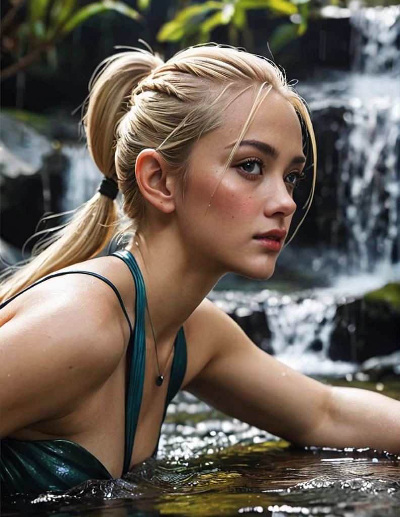 (masterpiece, top quality, best quality, ,ultra highres,8k, ,wallpaper, RAW, intricate details, sharp focus, natural lighting, realistic, professional, delicate, amazing finely detailed, Beautiful and beautiful:1.2), (1 girl:1.3),Very detailed,(rich and colorful:1.1),A beautiful woman, blonde hair ponytail style, assassin/lying pose in waterfall, soft light,arms
