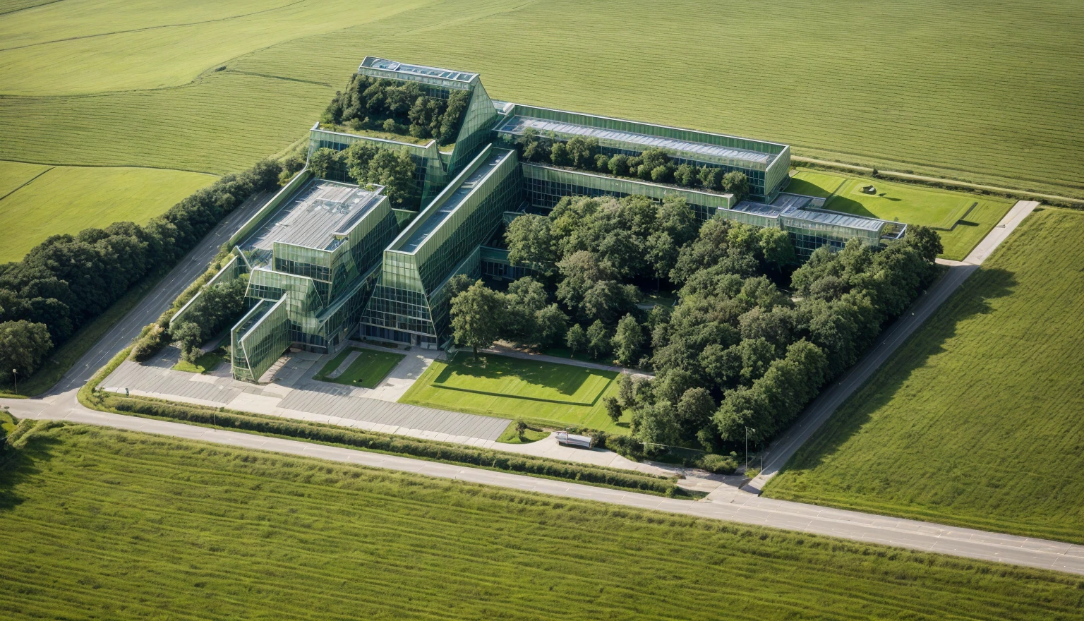 aerial view, master view, grass, day, line, curve, highquality, realistic photo, canon eos 5D mark, [[[architech1904]]], natural light, (realistic: 1.2), sharpen edge, green architecture, green building, morden building.