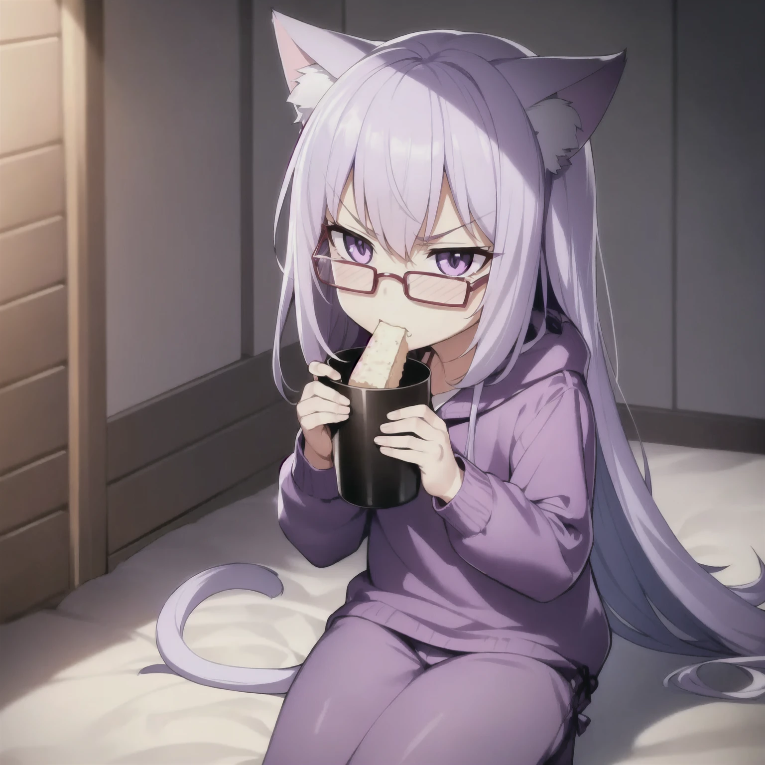 ((masterpiece)), (best quality), (ultra-detailed), photorealistic, (best illustration), ((an extremely delicate and beautiful)), 1boy, solo, long hair, lilac cat ears, [:lilac cat tail under:0.2], full body, very young, Cute, angry, eating muffin, territorial, hiding food from viewer, purple eyes, shortstack, aggressive kid, Crumbs on cheeks, glasses, serious face. 