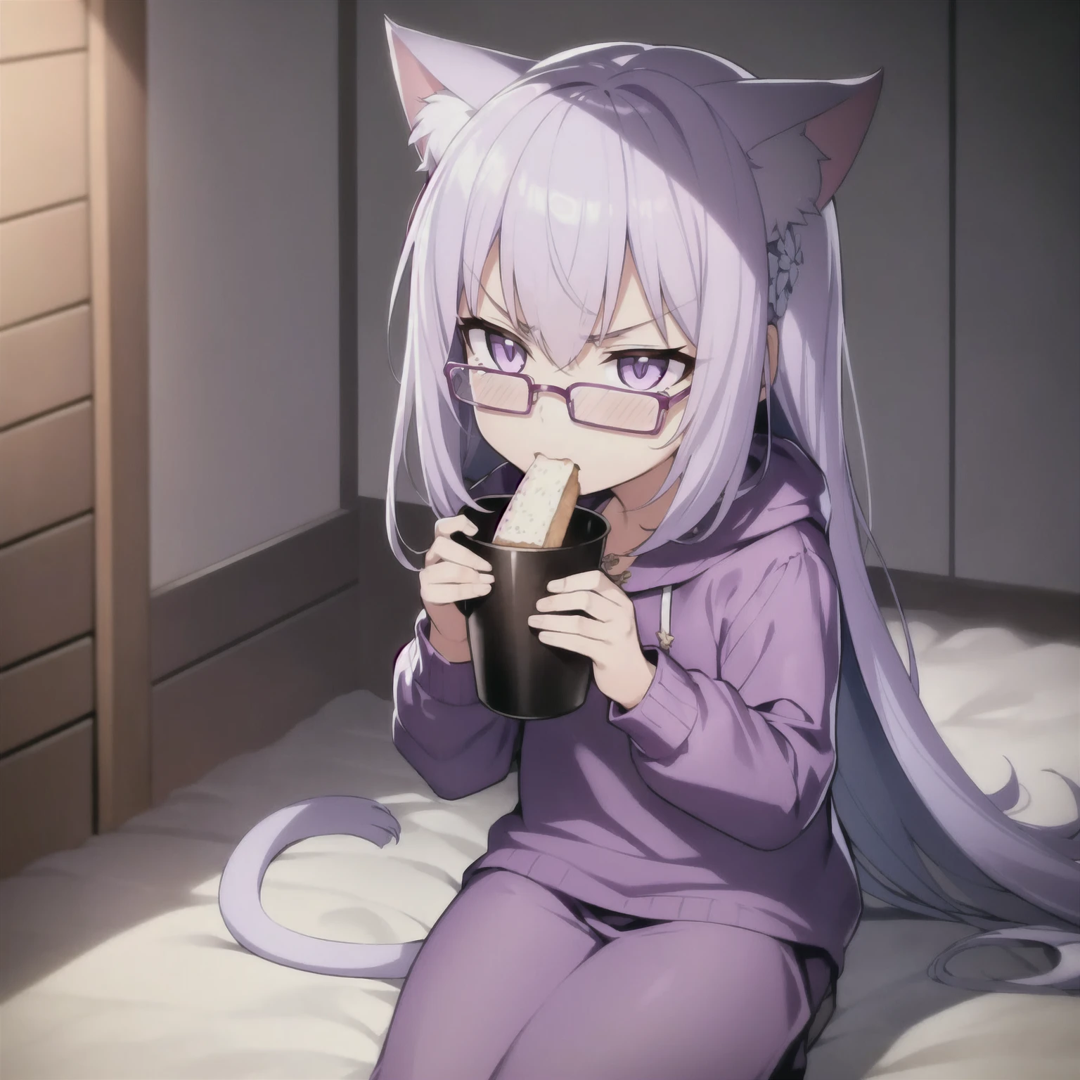 ((masterpiece)), (best quality), (ultra-detailed), photorealistic, (best illustration), ((an extremely delicate and beautiful)), 1boy, solo, long hair, lilac cat ears, [:lilac cat tail under:0.2], full body, very young, Cute, angry, eating muffin, territorial, hiding food from viewer, purple eyes, shortstack, aggressive kid, Crumbs on cheeks, glasses, serious face. 