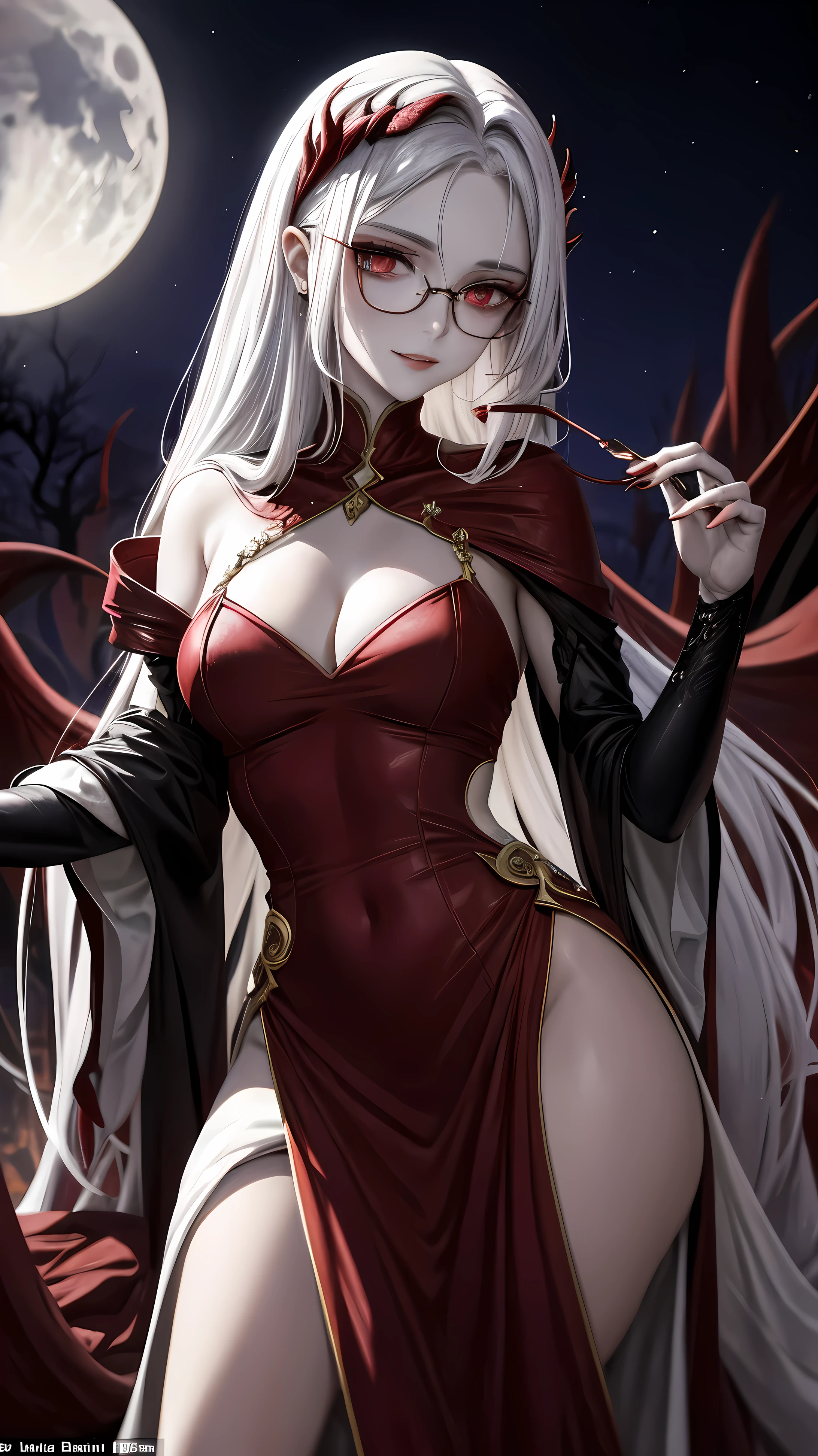 a blood-red velvet throne, her ethereal beauty further accentuated by the stark contrast. Her skin, pale as the moonlit night, gleams with an otherworldly radiance. Her lips, a deep crimson, are parted in a seductive smile, revealing fangs sharp as the night itself. The tentacles, slimy and nasty, surround her, but they do not seem to deter her. Instead, they seem to enhance her allure, twining around her slender form like sinuous serpents. Her eyes, veiled behind opaque spectacles, smolder with an inner fire, their hypnotic gaze holding the viewer captive in their spell.
Her black