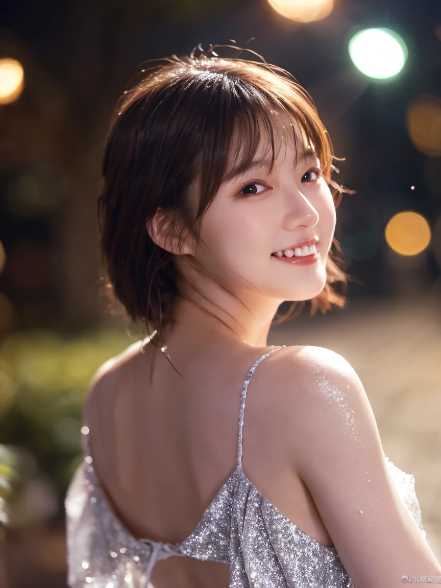 (8k, best quality, masterpiece:1.2), (realistic, photo-realistic:1.37), super detailed, 1 girl, cute, solo, beautiful detailed sky, detailed cafe, night, sitting, dating, ( red nose), (smile: 1.15), (shut up) small breasts, beautiful and delicate eyes, (collared shirt: 1.1), night, wet, business attire, rain, white lace, (short hair: 1.2), floating hair NovaFrogStyle , topless,