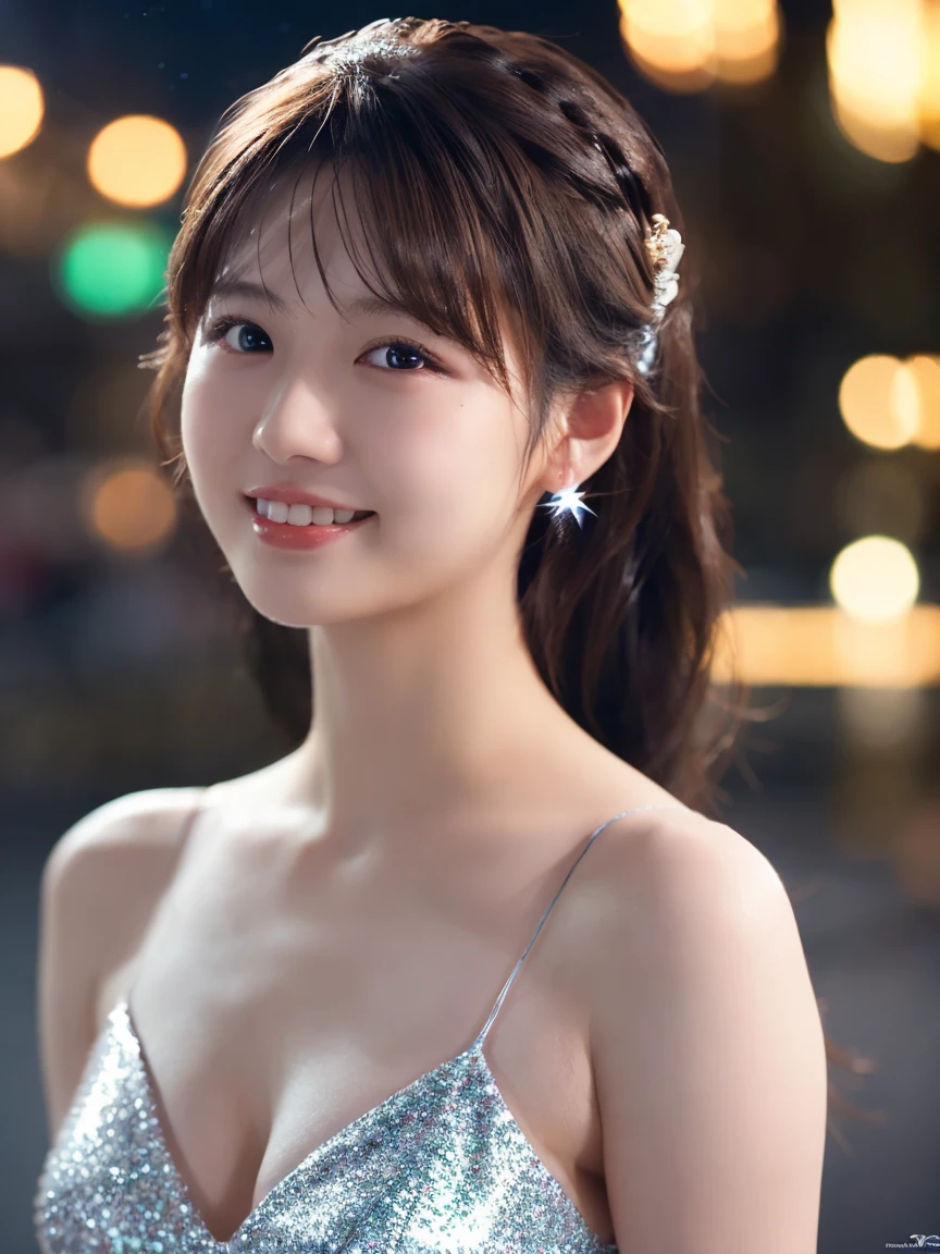 1 Girl, (Wearing a white glitter dress:1.2), (RAW Photos, Highest quality), (Realistic, Photorealistic:1.4), Tabletop, Very delicate and beautiful, Very detailed, 2k wallpaper, wonderful, finely, Very detailed CG Unity 8K 壁紙, Very detailedな, High resolution, Soft Light, Beautiful detailed girl, Very detailed目と顔, Beautiful and detailed nose, finelyて美しい目, Cinema Lighting, City lights at night, Perfect Anatomy, Slender body, smile