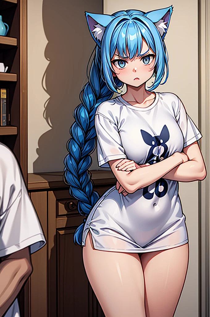 1 female, small kid cat girl, realistic lips oversized white t-shirt going all the way to the thighs, arms crossed under breast, hourglass figure, white eyes, french braid, blue hair, annoyed, cat ears, in an apartment, best quality
