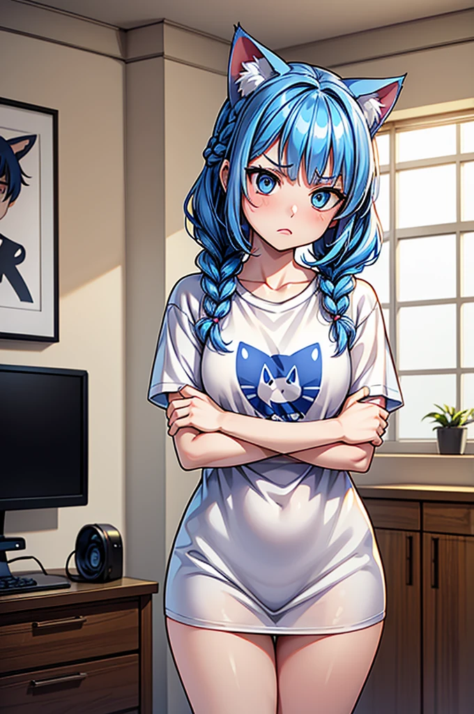 1 female, small kid cat girl, realistic lips oversized white t-shirt going all the way to the thighs, arms crossed under breast, hourglass figure, white eyes, french braid, blue hair, annoyed, cat ears, in an apartment, best quality
