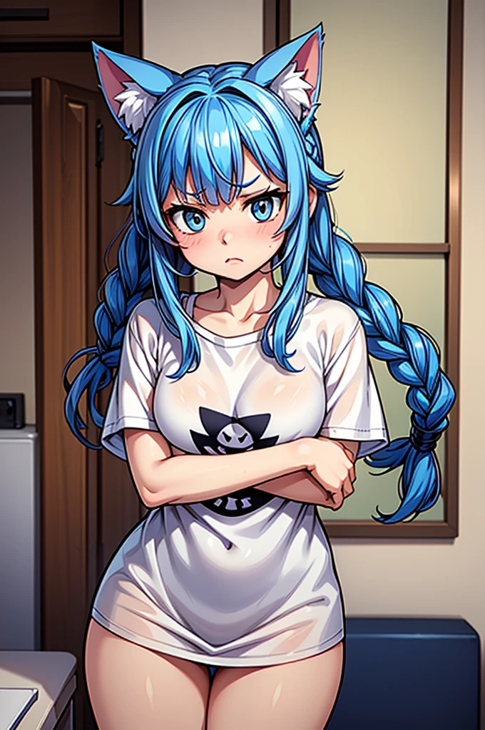 1 female, small kid cat girl, realistic lips oversized white t-shirt going all the way to the thighs, arms crossed under breast, hourglass figure, white eyes, french braid, blue hair, annoyed, cat ears, in an apartment, best quality