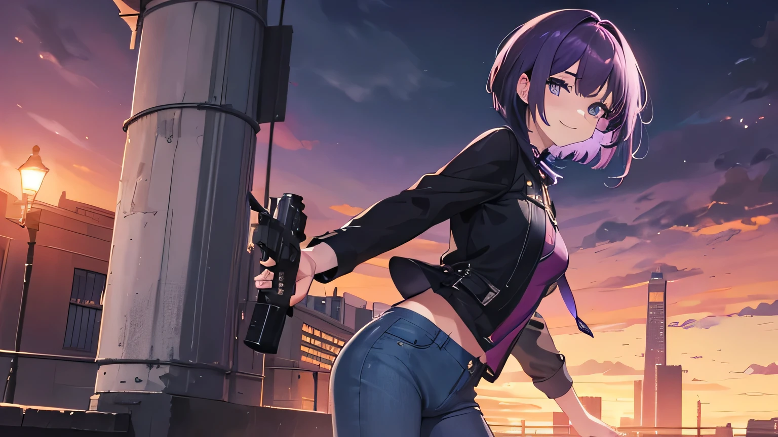 (T Masterpiece，4k wallpaper，Best Quality))、((girl１people))、(solo)、Bright and Brilliant，(Purple Hair)、(short hair:1.3)、smile、jeans、handgun、ruins、darkness