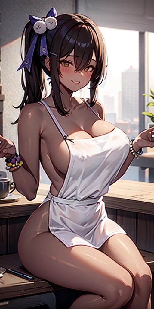 1girl, solo, hair ornament, (naked:1.3), (white apron), large breasts, cleavage, thighs, cafe background, (blushing:1.3), naga, brown hair, ponytail, golden eyes, dark skin, gal, naga, lewd, smirk