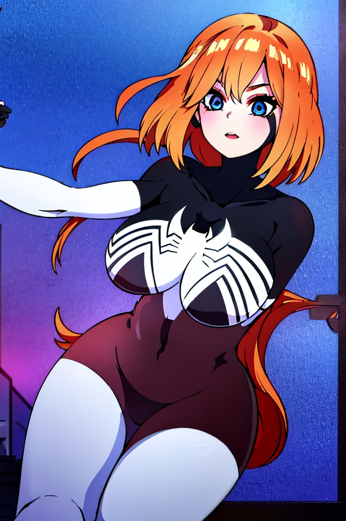 hyper detailed, ultra quality, super high res, professional anime style, best quality, ultra-detailed masterpiece, absurdres, beautiful detailed eyes, beautiful detailed lips, Room, hanging in mid air, perched on the wall, high above the floor, in wall crawling stance, spider man crouch, her fingers and toes gripping the surface effortlessly as she defied gravity. hooded bodysuit, spiderwoman , black bodysuit, sleek form-fitting black symbiote Spider-Woman suit, with a white spider emblem in her chest, long shoulder long white gloves and long thigh high white boots, head fully covered by black domino mask with big white eye lenses cover our eyes lenses with white visible one way see through patches fully covering our face as to not be recognized, her hair free out of the mask, beautiful eyes ,spiderwoman , black bodysuit,Yotsuba nakano/quincentennial quintuplets, short medium length hair, orange hair, blue eyes, beautiful eyes, beautiful lips, thin body, petite frame, small chest