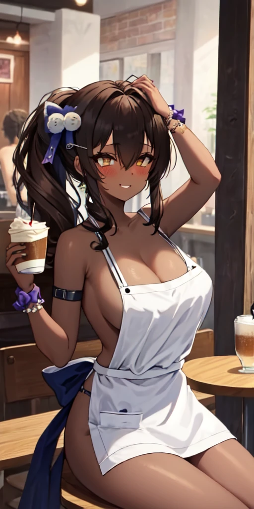 1girl, solo, hair ornament, (naked:1.3), (white apron), large breasts, cleavage, thighs, cafe background, (blushing:1.3), naga, brown hair, ponytail, golden eyes, dark skin, gal, naga, lewd, smirk