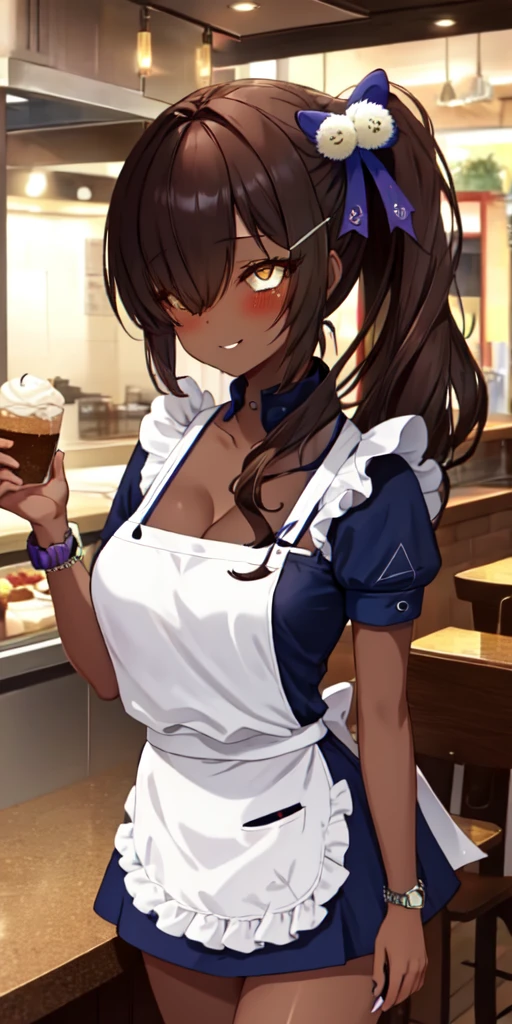 1girl, solo, hair ornament, (naked:1.3), (white apron), large breasts, cleavage, thighs, kitchen background, (blushing:1.3), naga, brown hair, ponytail, golden eyes, dark skin, gal, naga, lewd, she is wet and in sourcream, cream over the face,