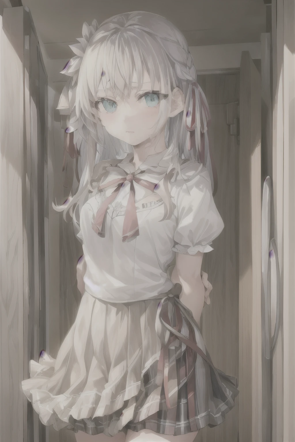 masterpiece, best quality, 1girl, looking at viewer, hair between eyes, aqua eyes, white hair, long hair, ribbon, hair ribbon, , pleated skirt, white shirt, black skirt, short sleeves, arms behind back, embarrassed, blush,