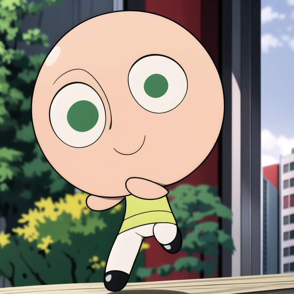 bald, saitama, one punch, white shirt, cute smile, full body, 1boy , chibi, green eyes,