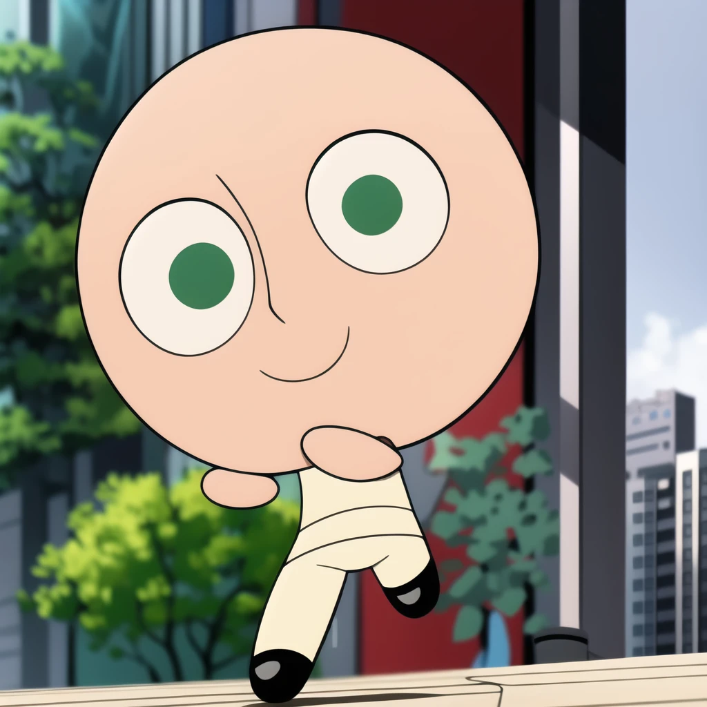 bald, saitama, one punch, white shirt, cute smile, full body, 1boy , chibi, green eyes,
