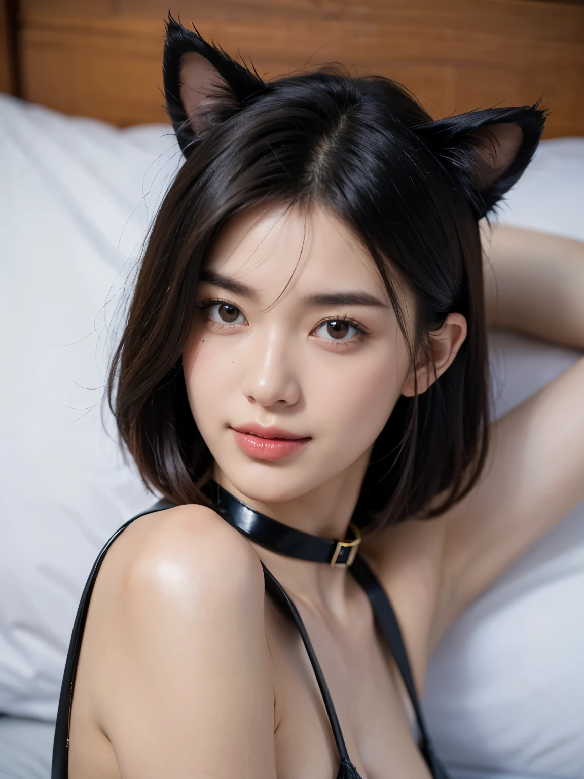 smiling happily, full body, diamond face shape, looking at viewer, black pet choker, (naked, tied with thick bondage leather belt all over body), ultra high resolution, (realistic: 1.4), (bedroom), black hair, full body, ((large breasts)), (lying on bed), bob cut, Iridescent hair, white skin, black hair, beautiful face, slender model body, small face, cinematic lighting, 8k, super detail, best quality, masterpiece, anatomically correct, textured skin, super detail, high quality, highres, korean, hard lighting, fake animal ears, cat ears