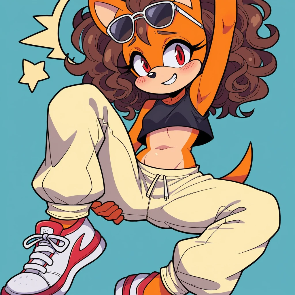score_9, score_8_up, mobian, solo, hedgehog, two-tone fur ((orange fur, brown fur)), ((crop top)), ((oversized pants)), high-top sneakers, small breasts, two-tone hair (brown hair, black tip)), curly hair, halo, sunglasses, jewelry, red eyes, longeyelashes, red eyes, smile, shy, blush, pose, close up