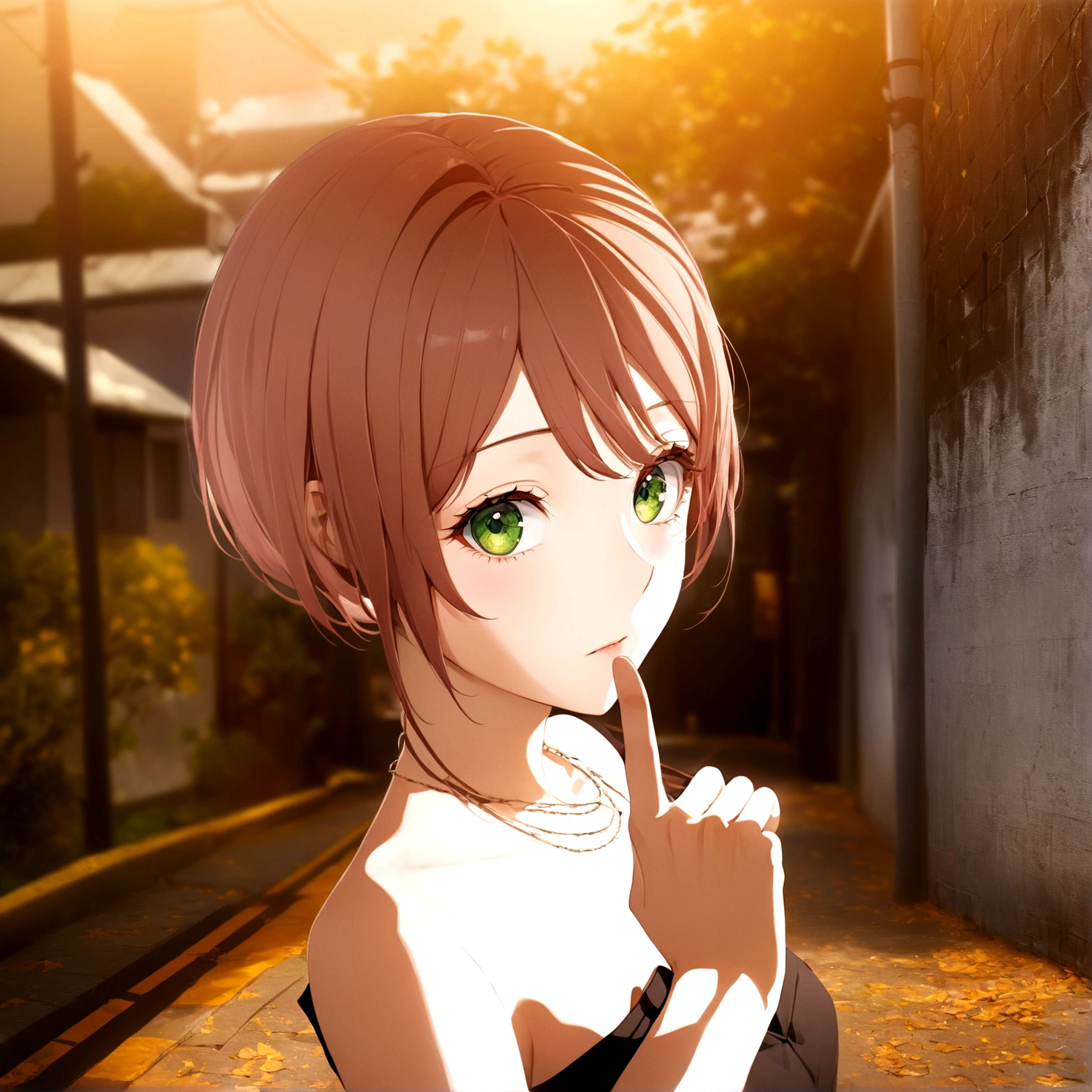 Close your left eye、Hold up the index finger of your right hand、anime girl with brown hair and green eyes standing on a street, realistic anime 3 d style, smooth anime cg art, made with anime painter studio, anime style. 8K, anime. Soft lighting, anime styled 3d, semirealistic anime style, photorealistic anime girl render, painted in anime painter studio, realistic young anime girl, semi realistic anime