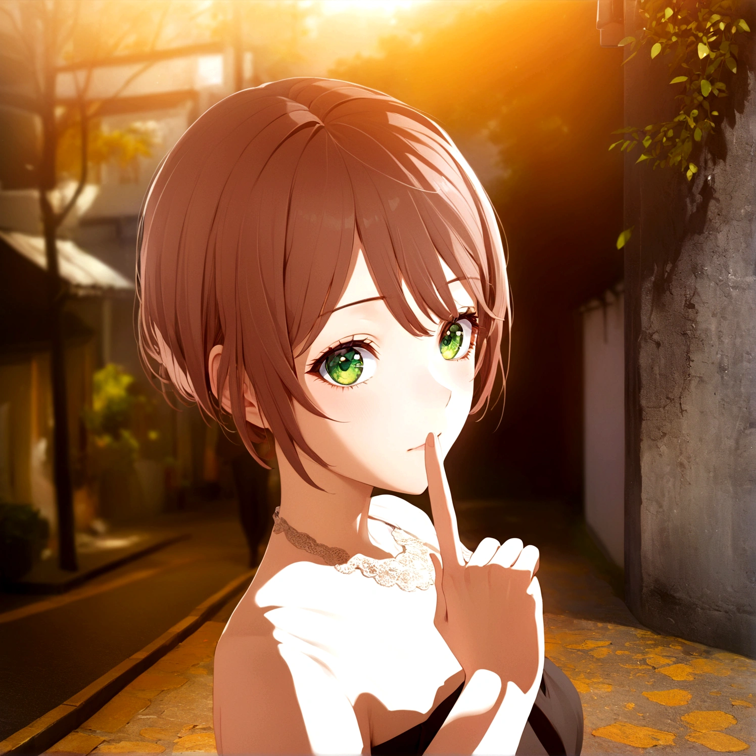 Close your left eye、Hold up the index finger of your right hand、anime girl with brown hair and green eyes standing on a street, realistic anime 3 d style, smooth anime cg art, made with anime painter studio, anime style. 8K, anime. Soft lighting, anime styled 3d, semirealistic anime style, photorealistic anime girl render, painted in anime painter studio, realistic young anime girl, semi realistic anime