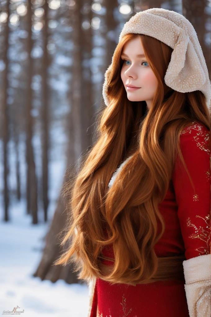 A gorgeous, pretty, shiny, kind-hearted, warm-hearted, sweet, polite, sensitive, friendly, charming, graceful, stylish, classy, alluring, majestic, ethereal, angelical ginger long haired russian woman dressed in traditional winter costumes.