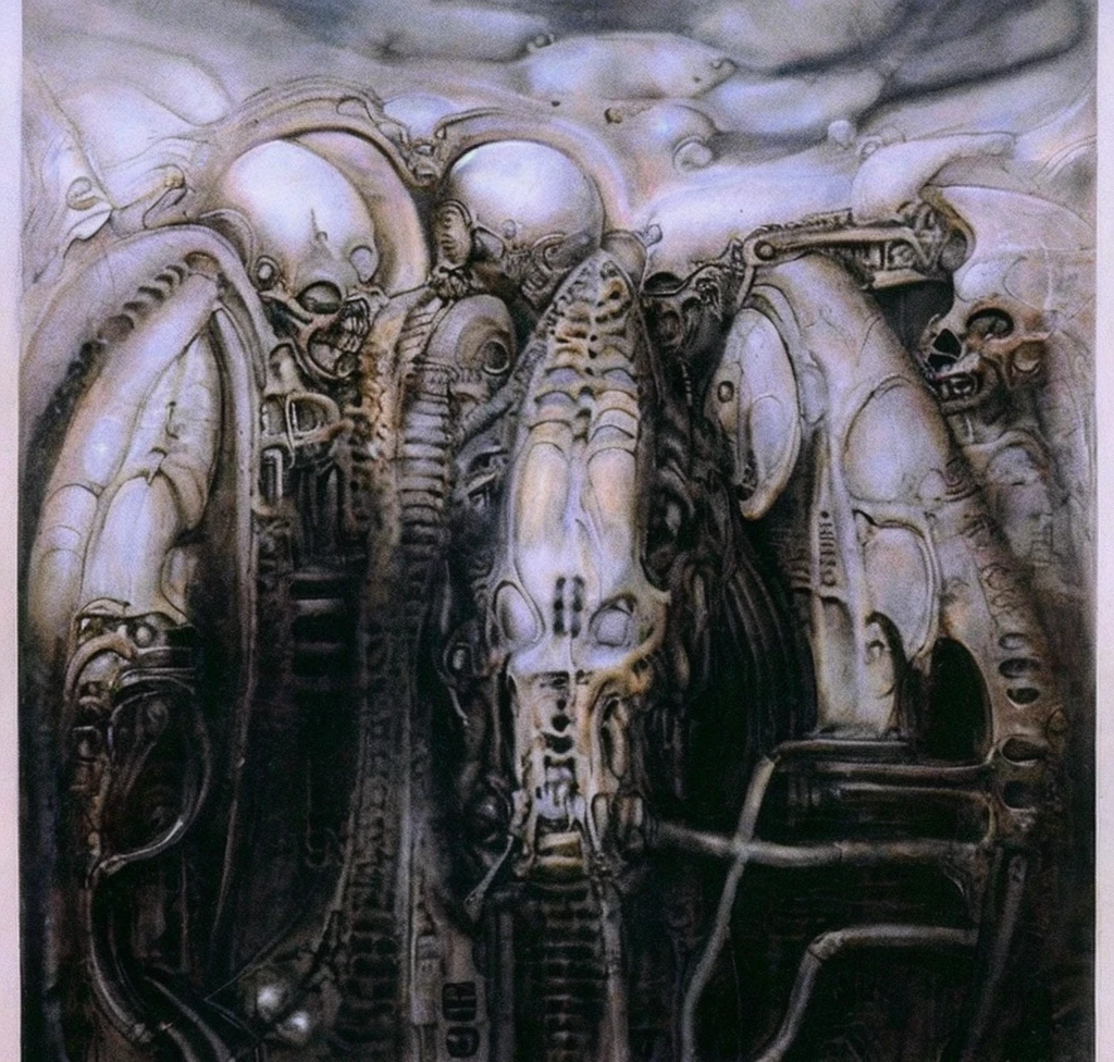 g1g3r, The image is a detailed view of H.R. Giger's biomechanical tableau \" Landscape XVI \" plate, featuring
surrealistic painting of a monster with multiple tentacles and a body that looks like a brain, surrounded by a chaotic scene of swirling clouds and other monsters.
 It's a complex network of bones and organs in eldritch color scheme:a greenish-brown hue ,swirling gery and brown colors. The artwork is silverish and green brown, with an ivory bones prominently displayed. The image is highly detailed and intricate, almost like a 3d version of a medical sketchwork.   
 
This tableau is an artwork featuring a close-up of a creature that resembles a caterpillar with a white head, surrounded by a complex network of lines and shapes.
Biomechanical landscape by Hans Rudie Giger composed of fossilized and mummified alien life forms. Image depicts a strange and eerie, combines biological and mechanical ,managed  to dreamlike quality. These shapes suggest fossilized mummified alien life forms. Central ????? structures and what appears to be a spines of ivory in the foreground are the most identifiable organic elements. The mechanical elements are evident in the wires and tubes emanating from the creatures. In the background shapes are visible that could be interpreted as other fossilized or mummified alien life.
Light source from the top highlights skeletals, upper part of foreground, lower part of image is in shadow.
The piece is a tableau, most likely created with a India ink pen or pencil on paper, determined by the thin lines, shading techniques, and the texture of the paper, which is visible around the edges.
Used is pen, given the shading and variations in line weight visible in the image. Artist have used a variety of stylus with different degrees of hardness to achieve the shading effects.
 The use of undersaturated green-grays dark contrasts creates a stark and graphic look. Is used a variety of linework techniques to create different textures.  