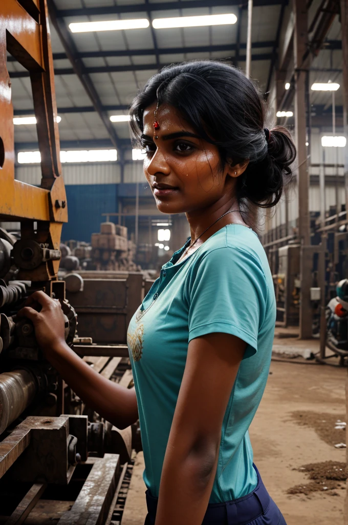 A middle class beautiful Indian woman on the factory floor, her face covered in sweat, but her eyes shining with determination as she operates heavy machinery.