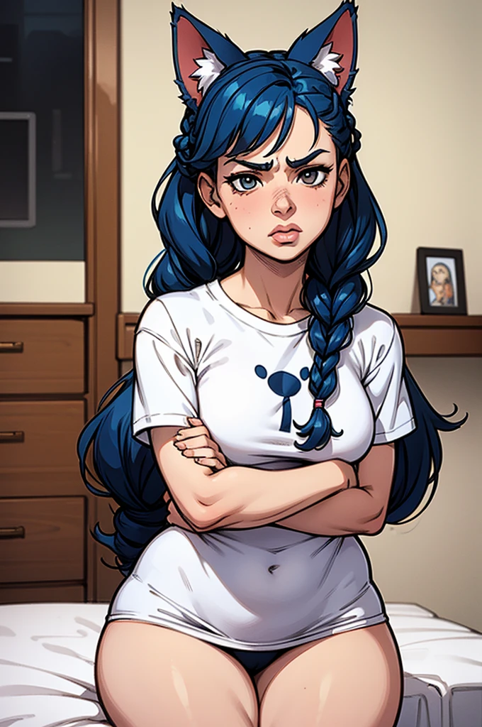 1 female, small kid cat girl, realistic lips oversized white t-shirt going all the way to the thighs, arms crossed under breast, hourglass figure, thick thighs, white eyes, french braid, blue hair, annoyed, cat ears, in an apartment, best quality