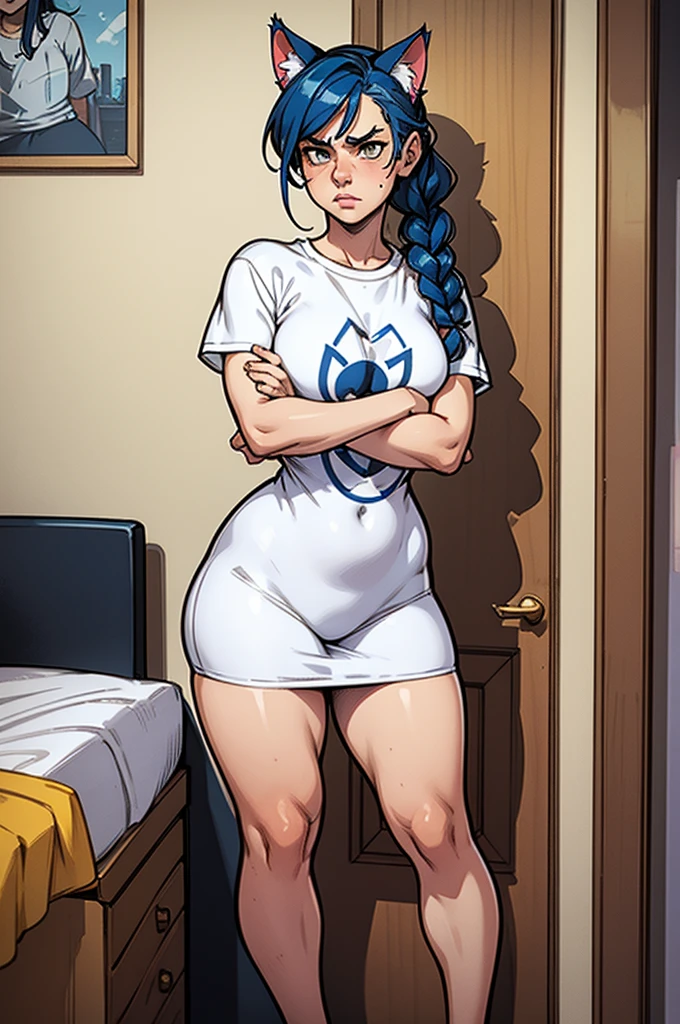 1 female, small ??? cat girl, realistic lips oversized white t-shirt going all the way to the thighs, arms crossed under breast, hourglass figure, thick thighs, white eyes, french braid, blue hair, annoyed, cat ears, in an apartment, best quality