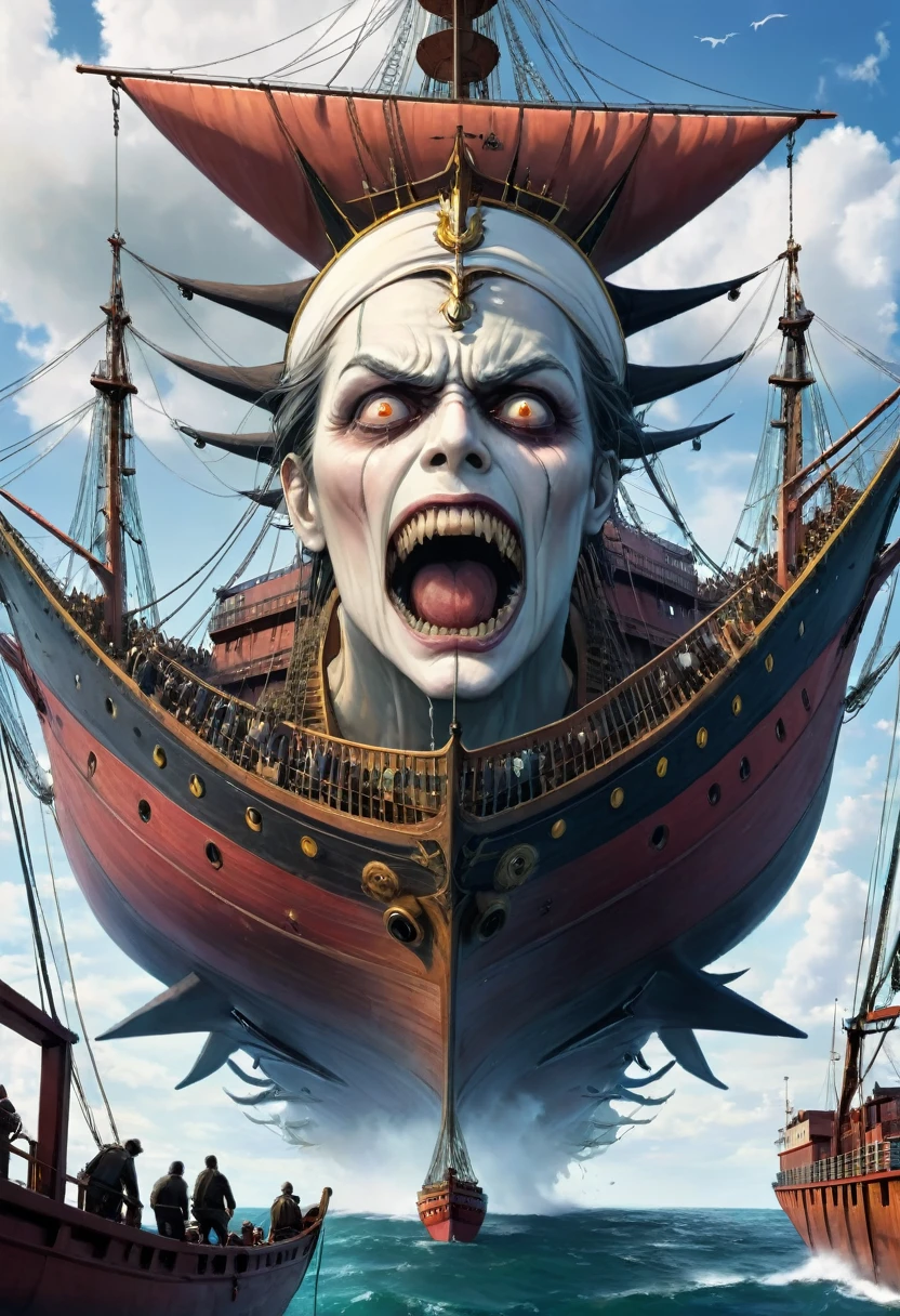 Big ship with scary look and many man hanging by the neck