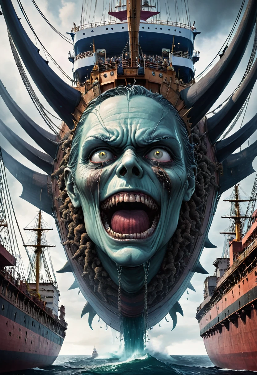 Big ship with scary look and many man hanging by the neck