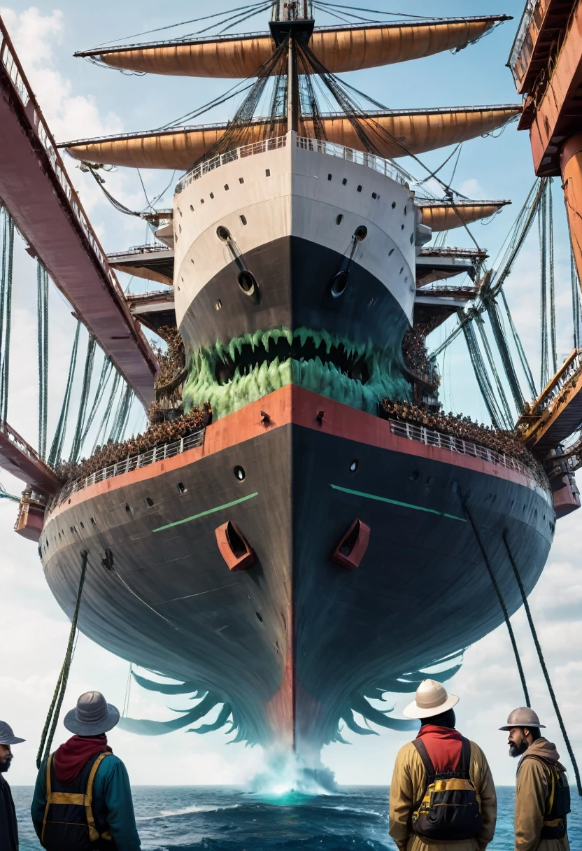 Big ship with scary look and many man hanging by the neck