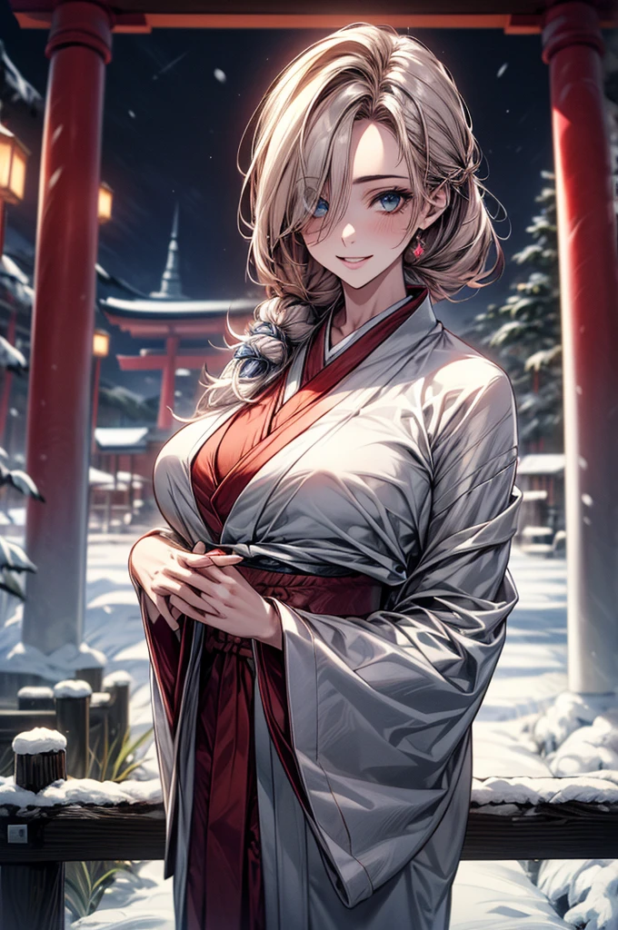 (masterpiece, best quality:1.2), (high resolution, 8K RAW photo, photo realistics, clear focus), (natural lighting, textile shading), pov, solo focus, upper body, 1 matured woman, 28 years old, (milf:1.5), raised sexy, New Year's visit, put your hand together, praying for future, smile, light Purple hair, medium long hair, hair over one eye, asymmetric hair, half updo hair, wavy hair, blue eyes, japanese clothes, kimono, at ZEN garden in Japanese temple, in front of torii gate, in winter, snowy ground with fallen snow, snowflakes, depth of field, bokeh, dynamic angle, (correct anatomy, ideal ratio of body proportions), in a night, under starry sky,