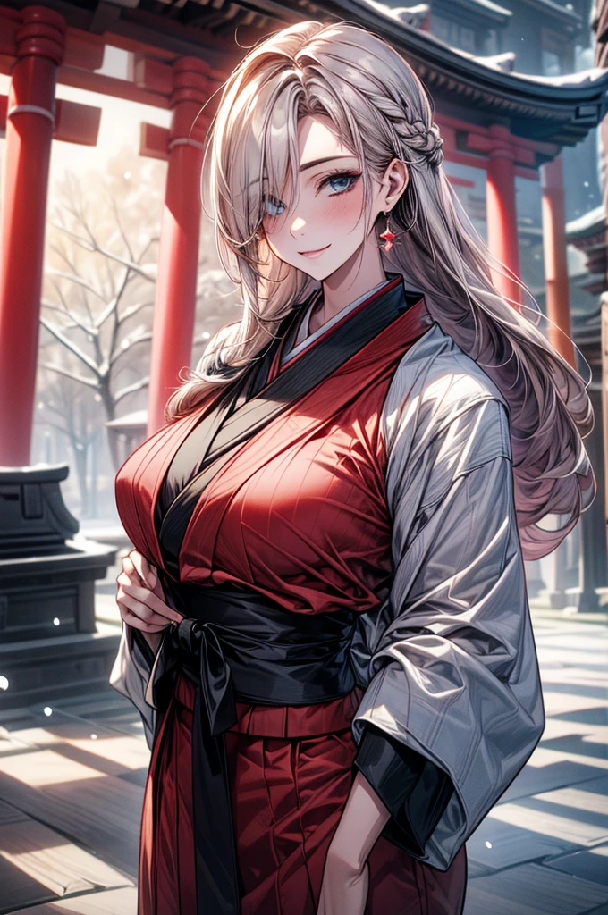 (masterpiece, best quality:1.2), (high resolution, 8K RAW photo, photo realistics, clear focus), (natural lighting, textile shading), pov, solo focus, upper body, 1 d woman, 28 years old, (milf:1 raised sexy, New r's visit, put your hand together, praying for future, smile, light Purple hair, medium long hair, hair over one eye, asymmetric hair, half updo hair, wavy hair, blue eyes, japanese clothes, kimono, at ZEN garden in Japanese temple, in front of torii gate, in winter, snowy ground with fallen snow, snowflakes, depth of field, bokeh, dynamic angle, (correct anatomy, ideal ratio of body proportions), in a night, under starry sky,