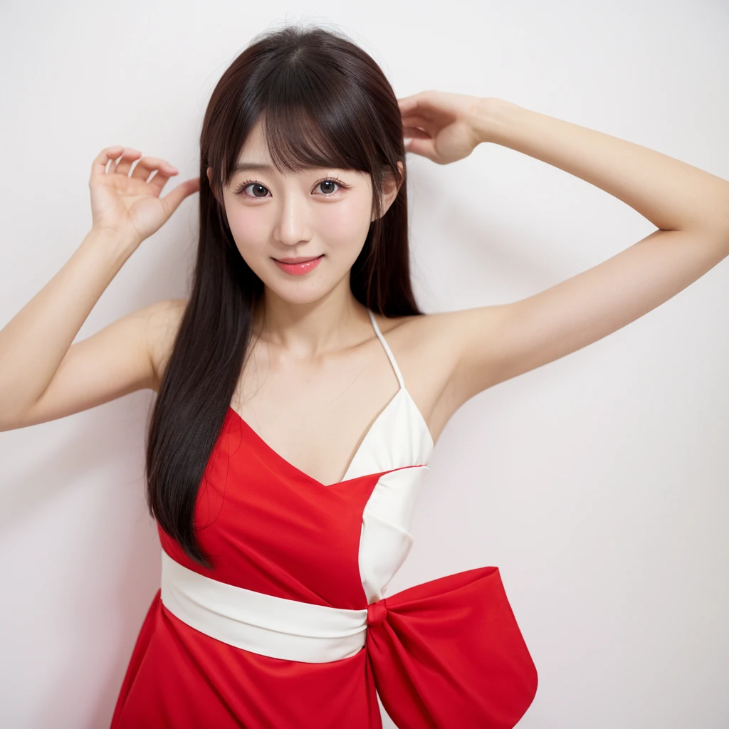 upper body, ;D,natural wink,one Japanese girl,sexy red party dress, grown-up face ,Body and face facing front, white background. Looking forward.