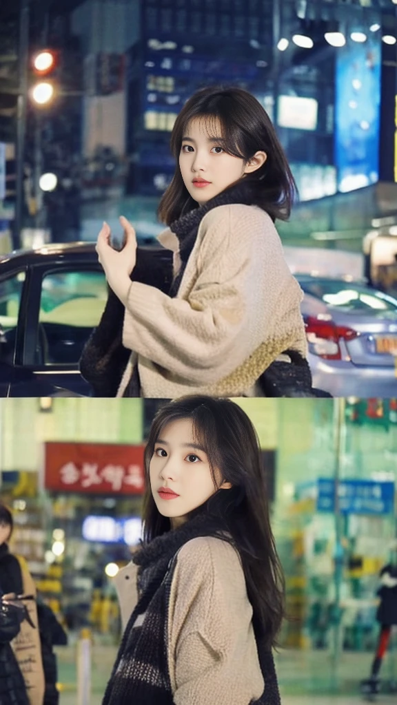 Korean fashion model in different poses with bokeh city night scene photos
