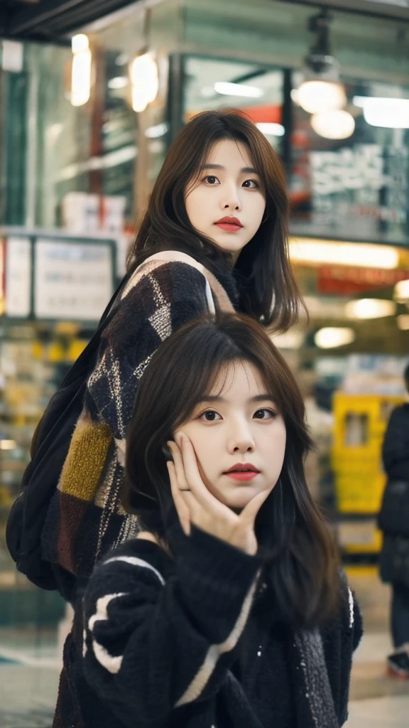 Korean fashion model in different poses with bokeh city night scene photos