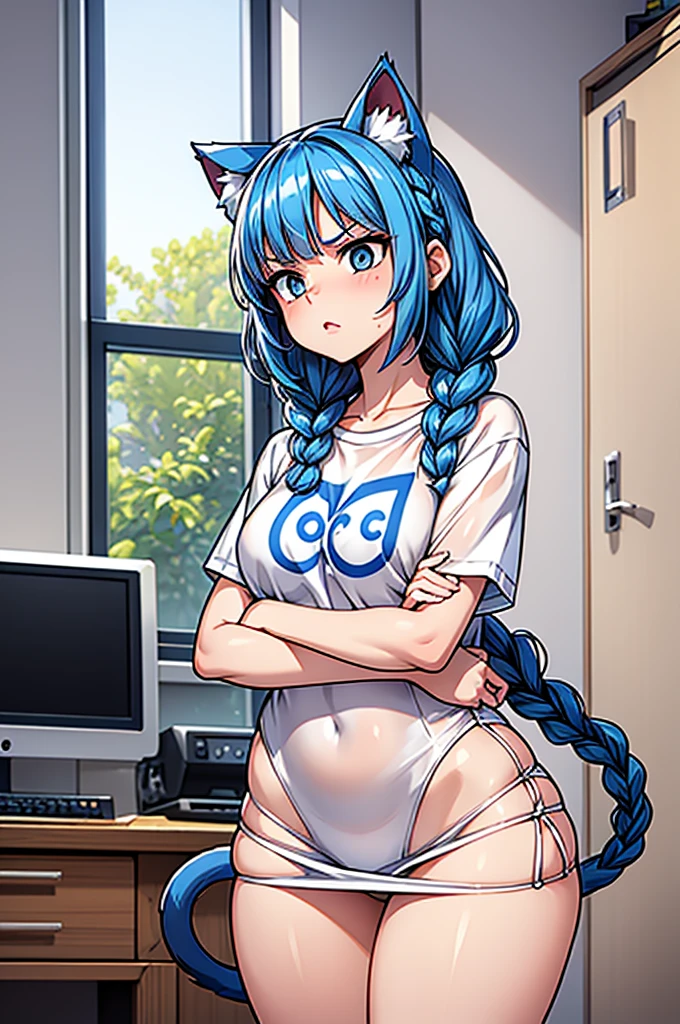 1 female, small kid cat girl, realistic lips oversized white t-shirt going all the way to the thighs, arms crossed under breast, hourglass figure, thick thighs, white eyes, french braid, blue hair, annoyed, cat ears, in an apartment, best quality