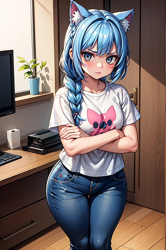 1 female, small kid cat girl, realistic lips oversized white t-shirt going all the way to the thighs, arms crossed under breast, hourglass figure, thick thighs, white eyes, french braid, blue hair, annoyed, cat ears, in an apartment, best quality
