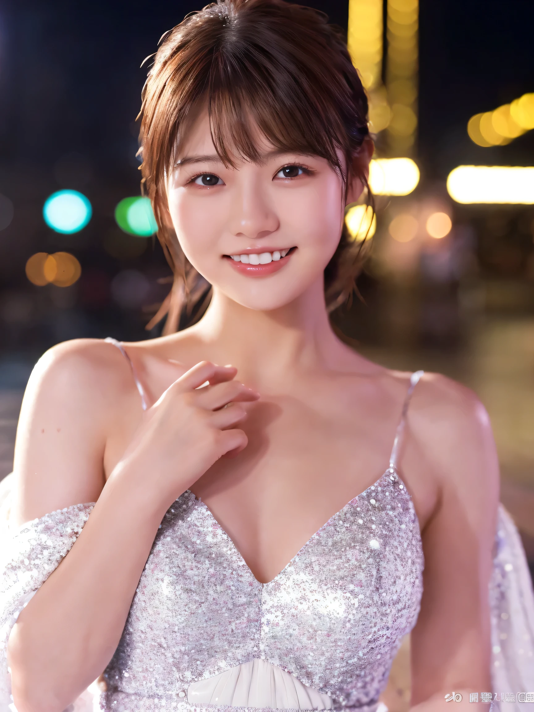 1 Girl, (Wearing a white glitter dress:1.2), (RAW Photos, Highest quality), (Realistic, Photorealistic:1.4), Tabletop, Very delicate and beautiful, Very detailed, 2k wallpaper, wonderful, finely, Very detailed CG Unity 8K wallpaper, Very detailedな, High resolution, Soft Light, Beautiful detailed girl, Very detailed目と顔, Beautiful and detailed nose, Finely beautiful eyes, Cinema Lighting, City lights at night, Perfect Anatomy, Slender body, smile