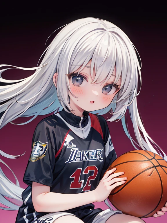 masterpiece, Highest quality, Very detailed, 16K, Ultra-high resolution, (speed lines:1.4), 15-year-old girl, Detailed face, Black eyes, Silver Hair, Long Hair, Braid, Gymnastics, Bloomers, gym, basketball, (Dunk Shot:1.3)