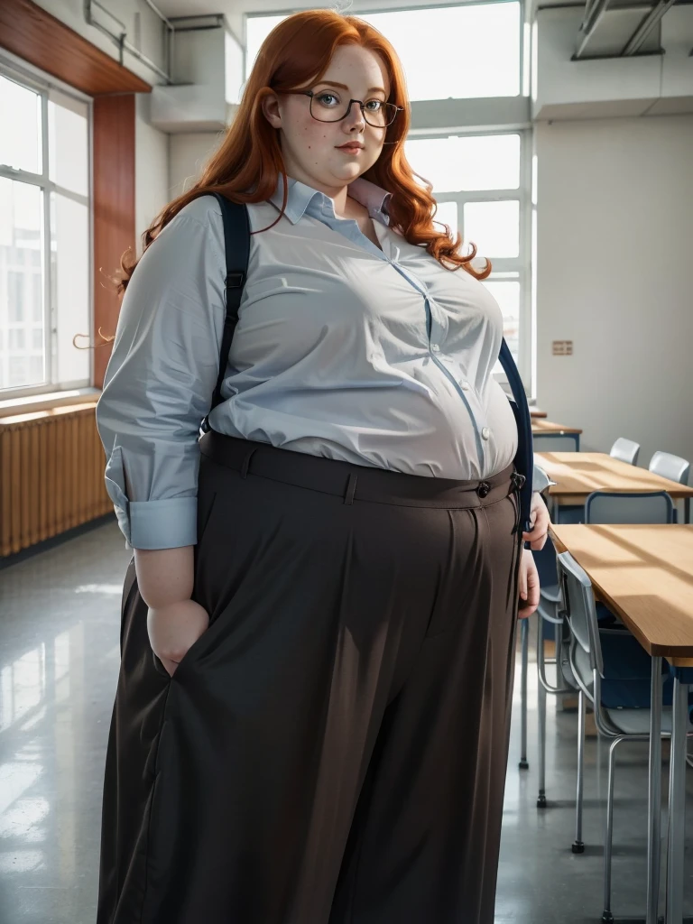 A front wiew photo of a young cute nerdy redhead bbw student with glasses with long wavy ginger hair soft fat belly, wide fat obese hips, thick fat legs and fat arms, cute pretty face, small breasts, blue eyes, freckles, in long shirt tucked in her simple trousers, and trousers, wearing a backpack in a school hall