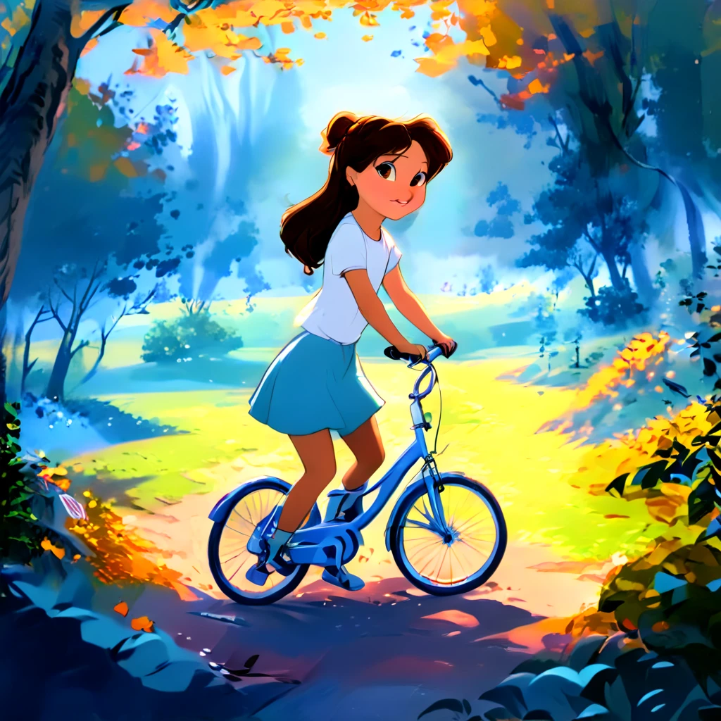 a cute 10 years old girl is riding a bike in a park, highres, high quality, masterpiece, amazing, beautiful, breathtaking, astonishing, brilliant, incredible,