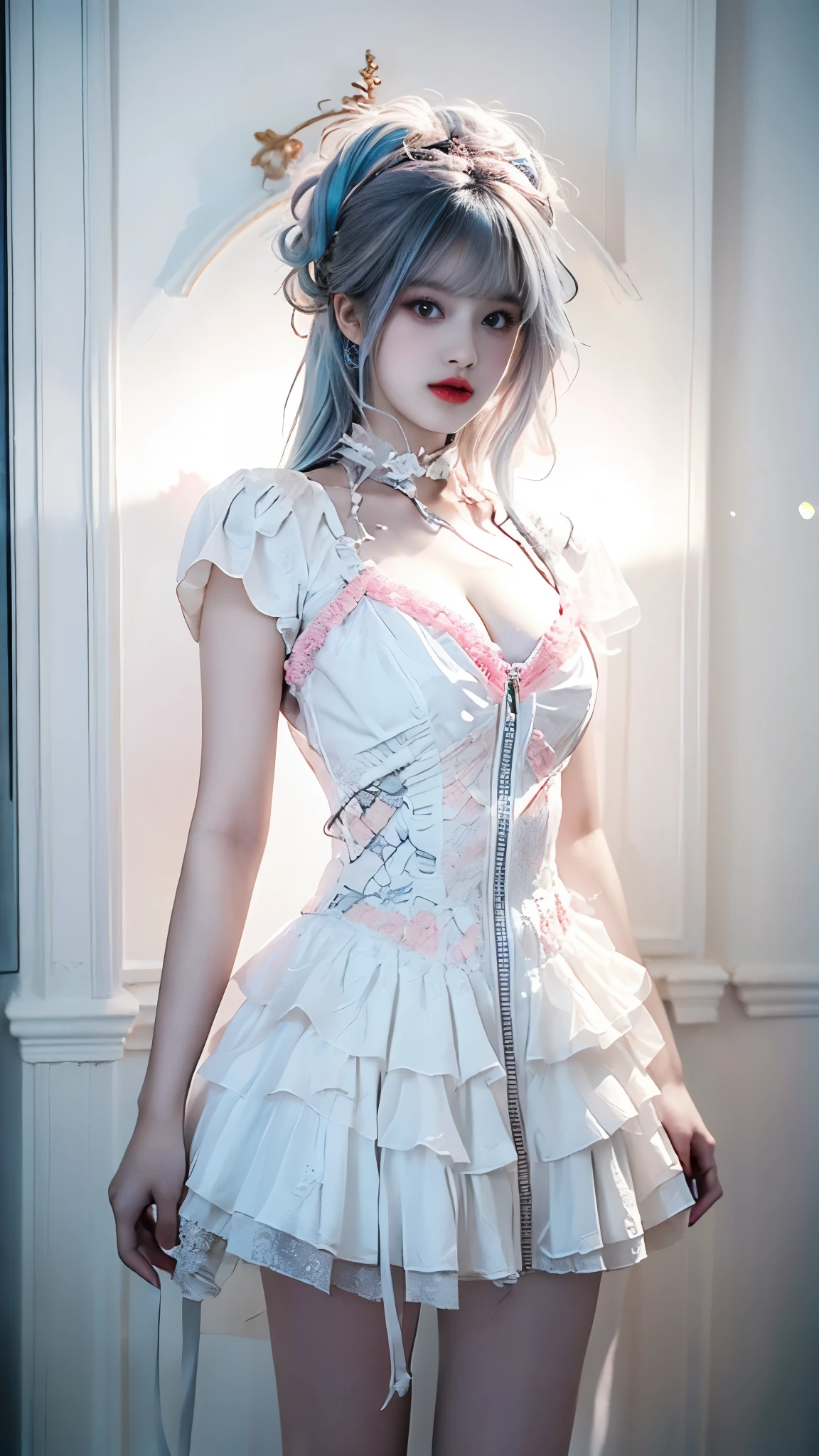 white dress ((knee shot)), (masterpiece、best quality、high resolution),((realistic)),(Colored background),(Splash of Color),Sweet girl,Light Blue和白色的长发,(Light Blue, Pink hair),curls,shiny,((Visible cleavage)), ((I-type Valley)), ((E-cup)), Red and pink lips,The crack is relatively large,Splash of Color,Volumetric Lighting,Full breasts, Elegant Posture, Sexy slender legs