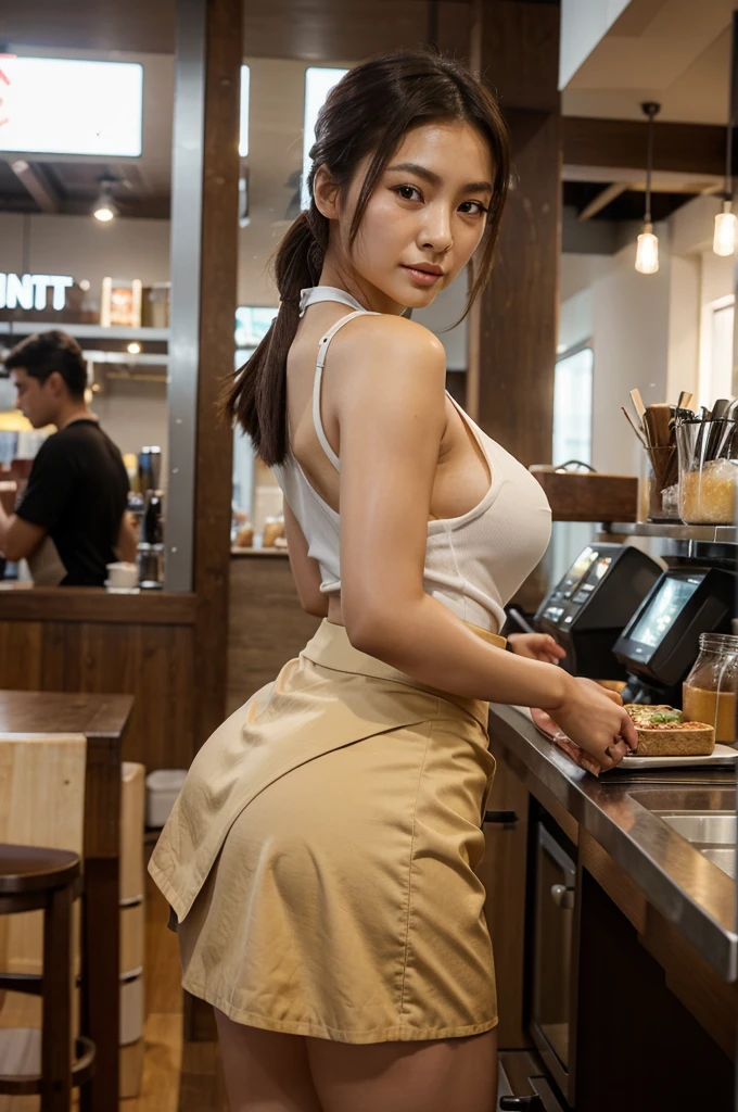 [((young attractive Asian woman:1.5)), ((Sophie Tan:1.4)), standing in a trendy café, with her back to the camera. She is wearing ((a short waitress skirt that has blown up, exposing her buttocks:1.2)), paired with a tight blouse and apron. Her hair is styled in a ponytail, and she has a seductive, intense gaze over her shoulder. The background features tables, chairs, and a counter with pastries and coffee machines. The scene is captured with a ((high-resolution mirrorless camera:1.2)) using a ((35mm prime lens:1.2)) for a balanced perspective. Post-production enhances the contrast and sharpness to highlight her outfit and features, and a ((soft bokeh effect:1.1)) is added to the background. The image should be in ((8K resolution:1.1)) with ((hyper-realistic detail:1.3)). The backdrop emphasizes the trendy café with detailed textures of furniture and equipment. The focus is on the woman's blown-up skirt exposing her buttocks, capturing a seductive and intense vibe. Natural daylight from café windows is used with slight enhancements to create a bright and inviting atmosphere, with a ((soft bokeh effect:1.1)) on the background, enhanced vibrancy, and high contrast to make the scene pop. She is standing with one hand on her skirt, looking seductively over her shoulder, exuding confidence and allure, embodying waitress chic.]