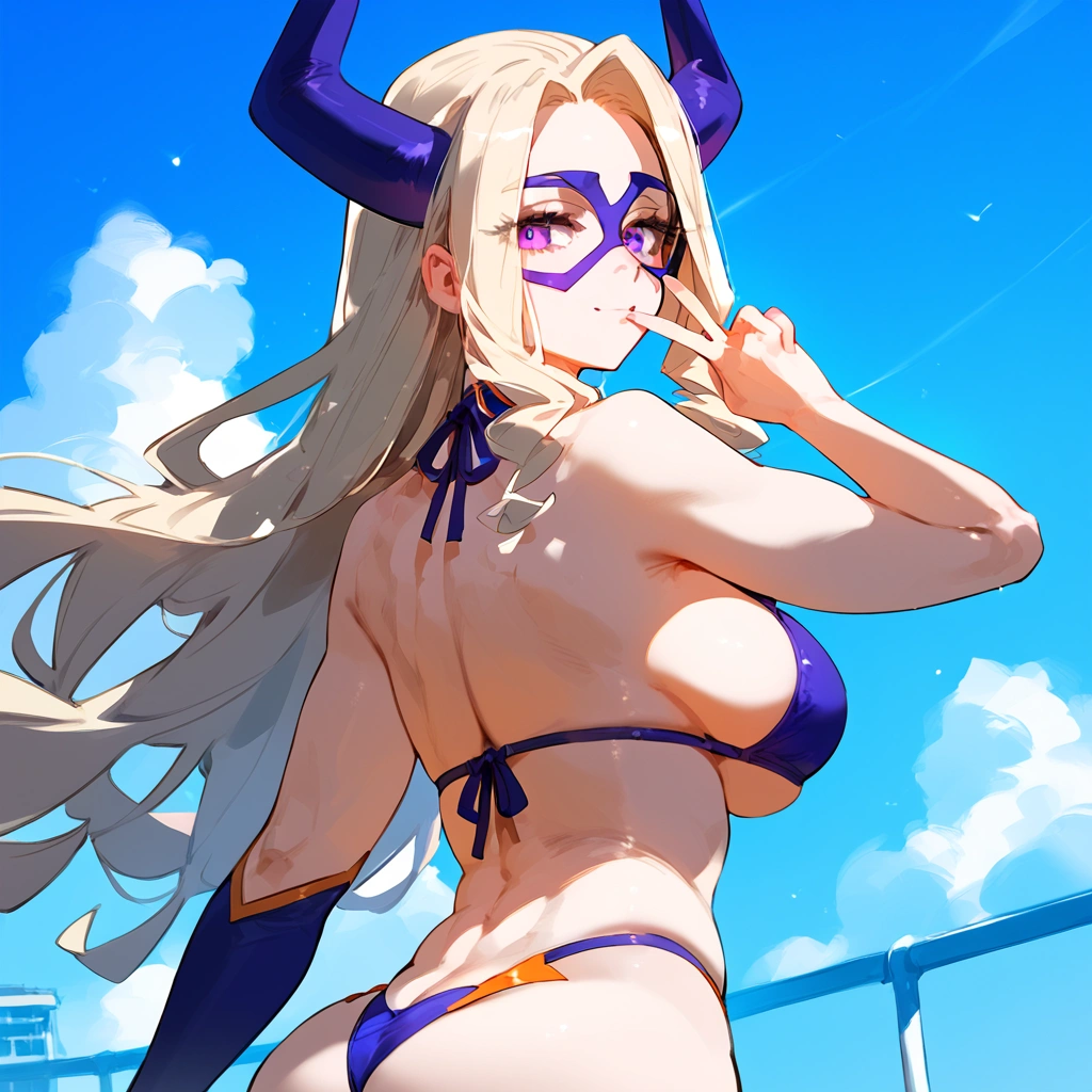 anime artwork, score_9, score_8_up, score_7_up, score_6_up, score_5_up, score_4_up, Mount Lady, blonde hair, purple eyes, big breasts, she is 24 years old, style_3, , bikini, V, back background