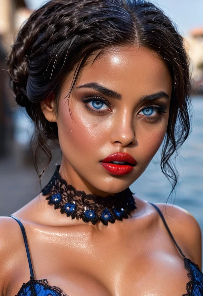 (muste piece, highest quality)((8k)),full body,super detailed,arab girl,wide eyebrow,black skin(elegance black dress ,full body) ,blue eyes red lips,,photorealistic,dark bronze shiny skin,beautiful female mode,dark skin Black woman in clothes from biblical times, blue eyes, in sydney opera house,swety skin,horny,wet skin , (shiny skin), she is wet and intimate, she has a submissive expression, direct eye contact, hyperrealistic, unreal engine 5,(diffrent pose)Suggested pose, 8K