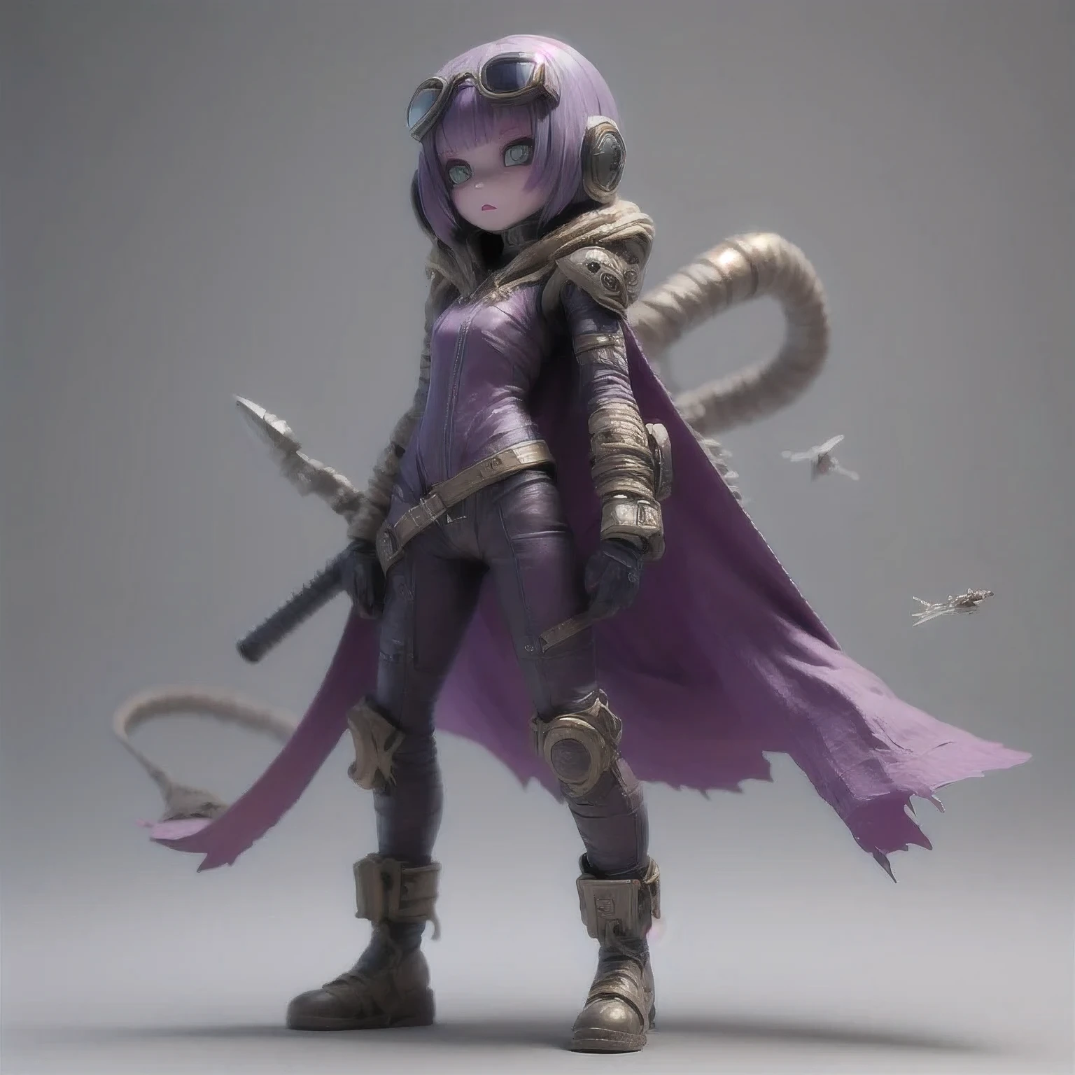 Purple Powder Queen,arafed alien with a cape and goggles standing in a pose, sci - fi character, scifi character, scifi character render, moon ray render, 3 d character render, hyper detailed fantasy character, dystopian sci-fi character, 3 d render character art 8 k, character render, small character. unreal engine 5, 3 d character concept artwork, 1 cape, solo